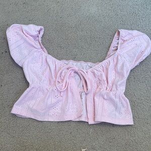 SHEIN Pink Crop Blouse with Cap Sleeves and Tie Front